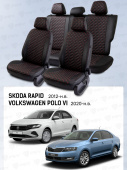 Чехлы Skoda Rapid 2012-> / VW Polo VI 2020-> черный/отстрочка красная (Loto) "Статус"