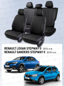 Чехлы Renault Logan/Sandero/Stepway 2012-> деленная спинка, черный/отстрочка белая (Loto) "Статус"