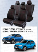 Чехлы Renault Logan/Sandero/Stepway 2012-> деленная спинка, черный/отстрочка красная (Loto) "Статус"