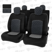 Чехлы Renault Duster/Sandero I 2010-2015 г. - деленная спинка, РОМБ /отстрочка серая, черная экокожа + серый велюр *Оригинал*