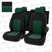 Чехлы Chevrolet Cruze I 2009-2015 г. - 5 подголовников,  РОМБ/отстрочка черная, черная экокожа + зеленый велюр "Оригинал"
