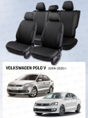 Чехлы VW Polo V 2009-2020 г. - Седан (деленная спинка), перфорация, черный/отстрочка черная "Статус"