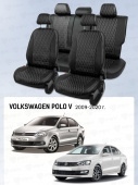 Чехлы VW Polo V 2009-2020 г. - Седан (деленная спинка), черный/отстрочка белая (Sota) "Статус"