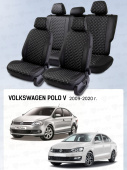 Чехлы VW Polo V 2009-2020 г. - Седан (деленная спинка), черный/отстрочка белая (Loto) "Статус"