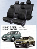 Чехлы Renault Duster/Sandero I 2010-2015 г. - деленная спинка, черный/отстрочка белая (Loto) "Статус"