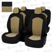 Чехлы Hyundai Solaris I 2010-2017 г. - Hb РОМБ/отстрочка бежевая, черная экокожа + бежевый велюр "Оригинал"