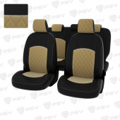 Чехлы Ford Focus III 2011-2019 г. - (Trend Sport, Titanium) РОМБ/ отстрочка бежевая, черная экокожа + бежевый велюр "Оригинал"