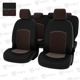 Чехлы Ford Focus II 2005-2011 г. - (Ghia, Titanium) РОМБ/ отстрочка коричневая, черная экокожа + коричневый велюр "Оригинал"