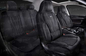 Накидки 5D PSV Vektor Alcantara Sport (Черный/Отстрочка Белая), комплект на весь салон, алькантара