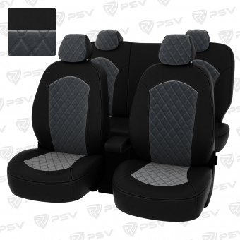Чехлы Hyundai Solaris II/Kia Rio IV 2017-> Sd (Comfort/Prestige) РОМБ/отстрочка серая, черная экокожа + серый велюр "Оригинал"