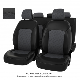 Чехлы Hyundai Solaris II/Kia Rio IV 2017->  Sd (Active) сплошная спинка, РОМБ/отстрочка серая, черно-серая экокожа "Оригинал"