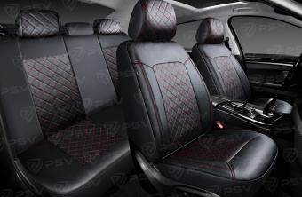 Чехлы PSV Elegant Next (Черный/Ромб красный/отстрочка красная), ромб + экокожа