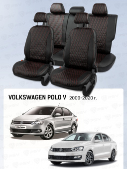 Чехлы VW Polo V 2009-2020 г. - Седан (деленная спинка), черный/отстрочка красная (Sota) "Статус"