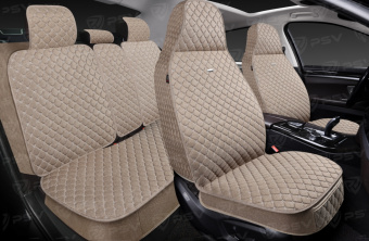 Накидки 5D PSV Len Sport (Бежевый/Отстрочка Белая), комплект на весь салон, лен 