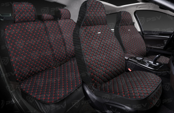 Накидки 5D PSV Len Sport (Черный/Отстрочка Красная), комплект на весь салон, лен 