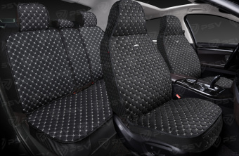 Накидки 5D PSV Len Sport (Черный/Отстрочка Белая), комплект на весь салон, лен 