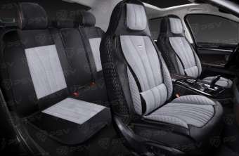 Накидки 5D PSV Vektor Alcantara Sport (Черно-Серый/Отстрочка Белая), комплект на весь салон, алькантара
