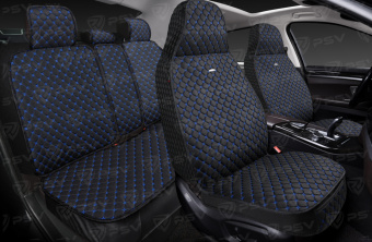 Накидки 5D PSV Len Sport (Черный/Отстрочка Синяя), комплект на весь салон, лен 